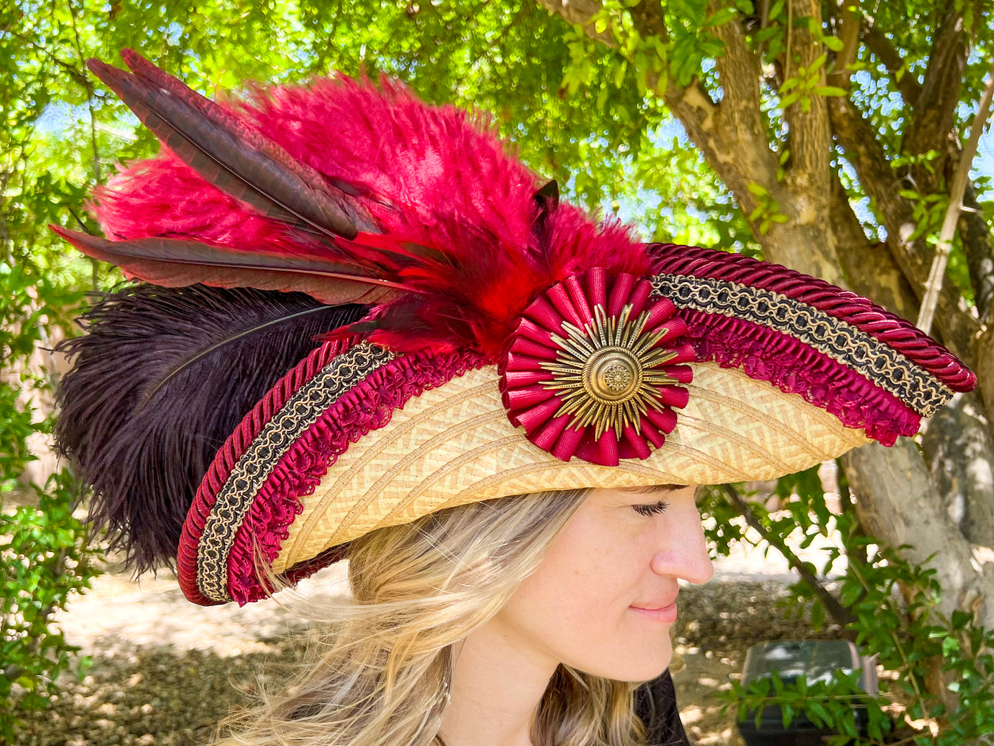 Bicorn Hat 23" Beige Straw Base with Maroon Trim, Feathers, and Gold Brooch