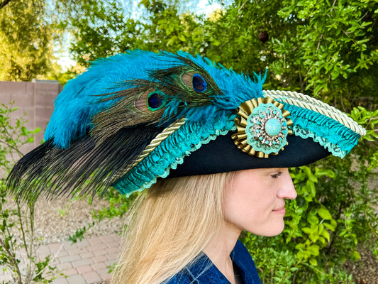 Bicorn Hat 22" Black Polyester Base with Teal Trim, Feathers, and Turquoise Brooch