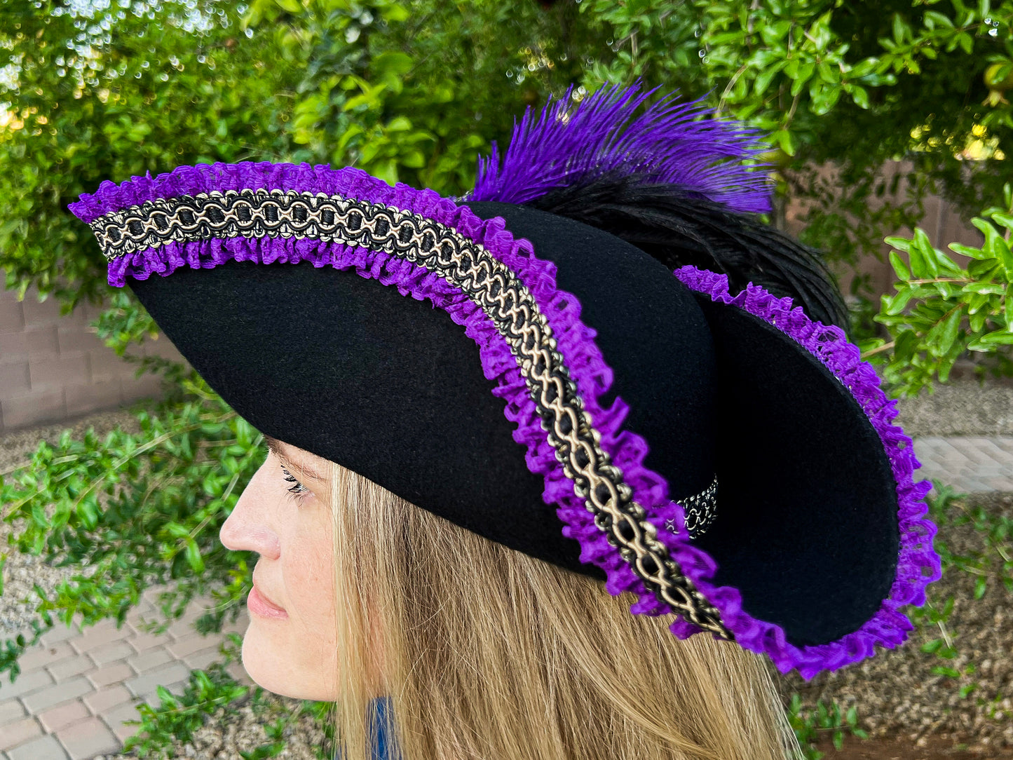 Tricorn Hat 22" Black Polyester Base with Purple Trim, Feathers, and Silver Brooch