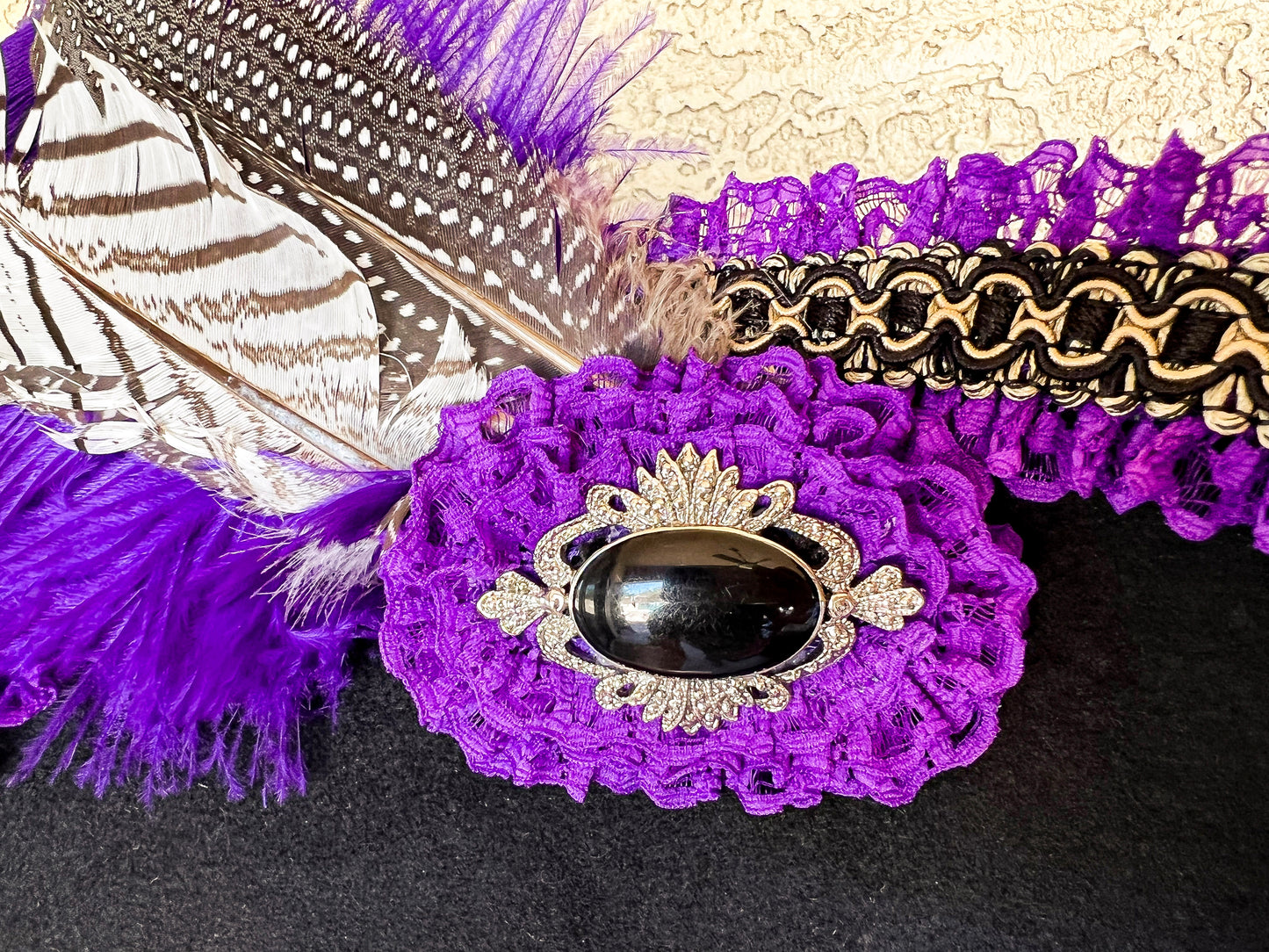 Tricorn Hat 22" Black Polyester Base with Purple Trim, Feathers, and Silver Brooch