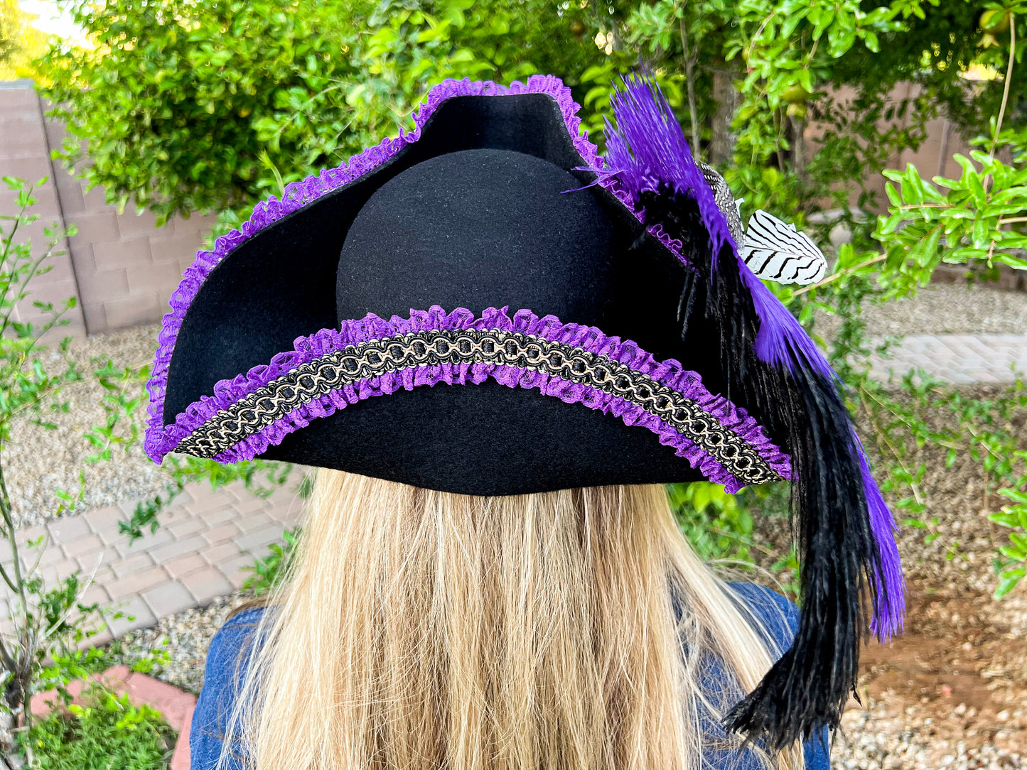 Tricorn Hat 22" Black Polyester Base with Purple Trim, Feathers, and Silver Brooch