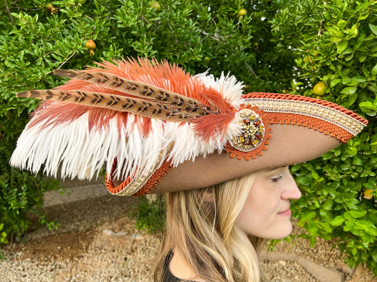 Tricorn Hat 22.5" Brown Wool Base with Fall Trim, Feathers, and Rhinestone Brooch