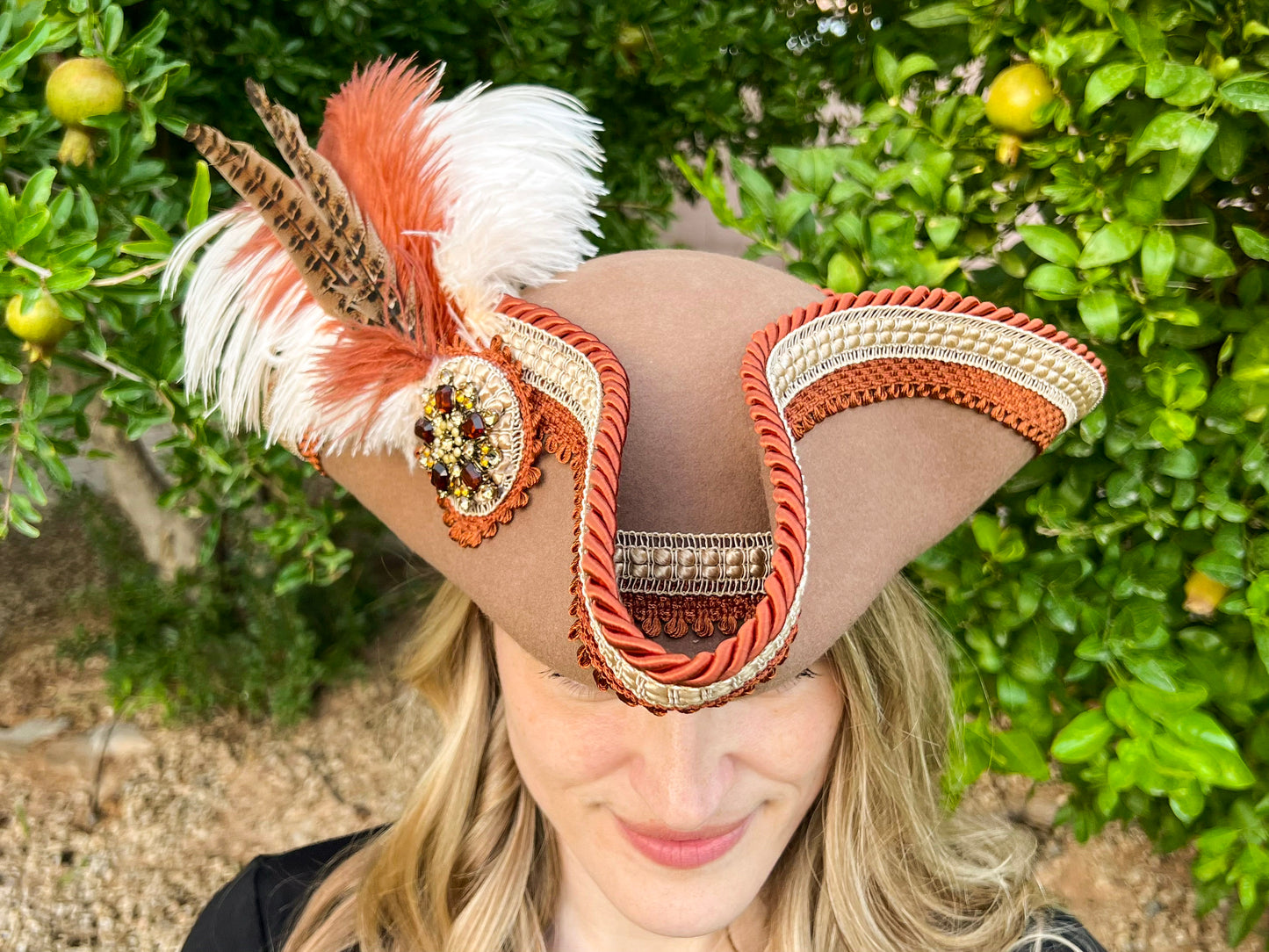 Tricorn Hat 22.5" Brown Wool Base with Fall Trim, Feathers, and Rhinestone Brooch