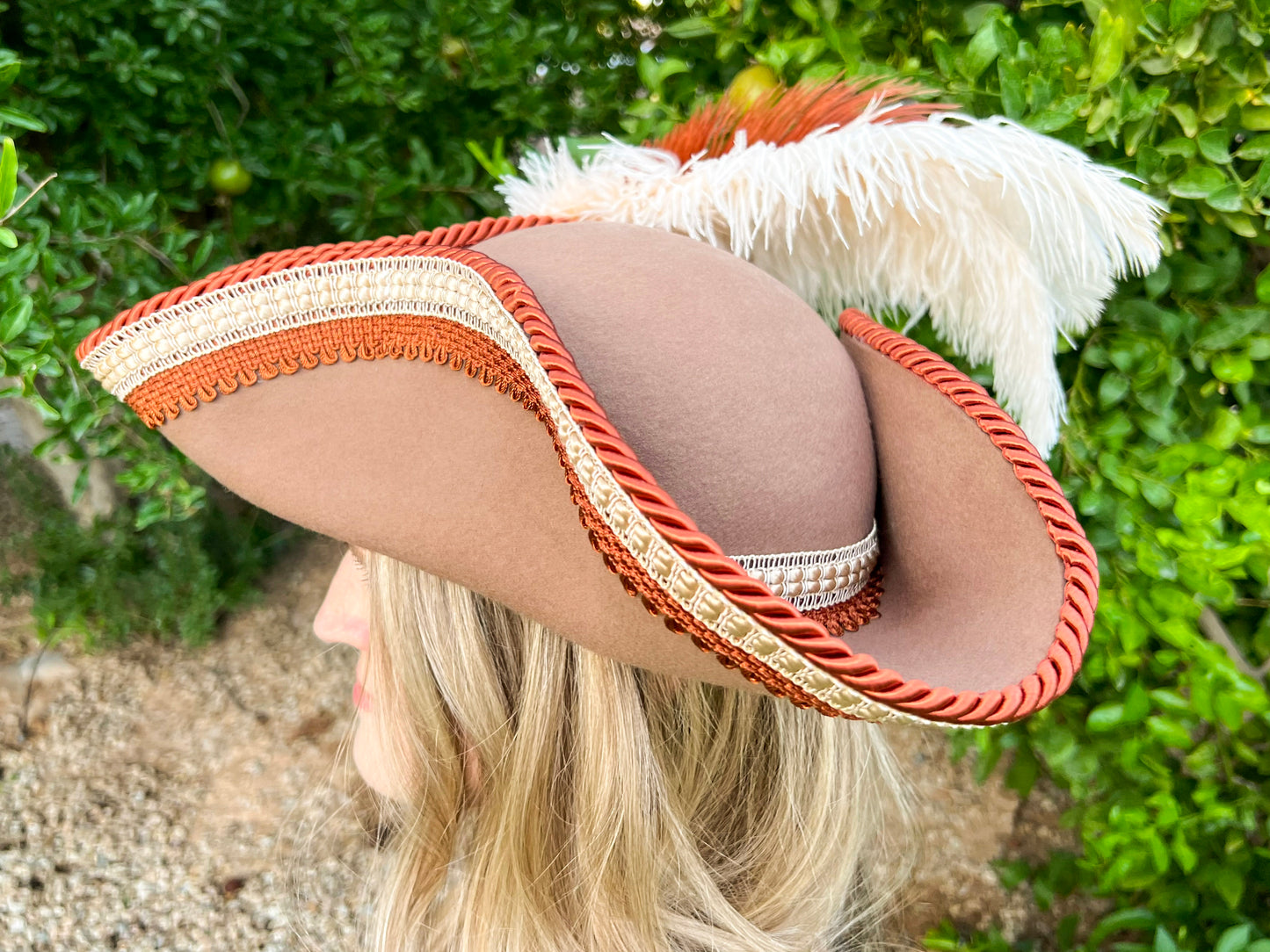 Tricorn Hat 22.5" Brown Wool Base with Fall Trim, Feathers, and Rhinestone Brooch