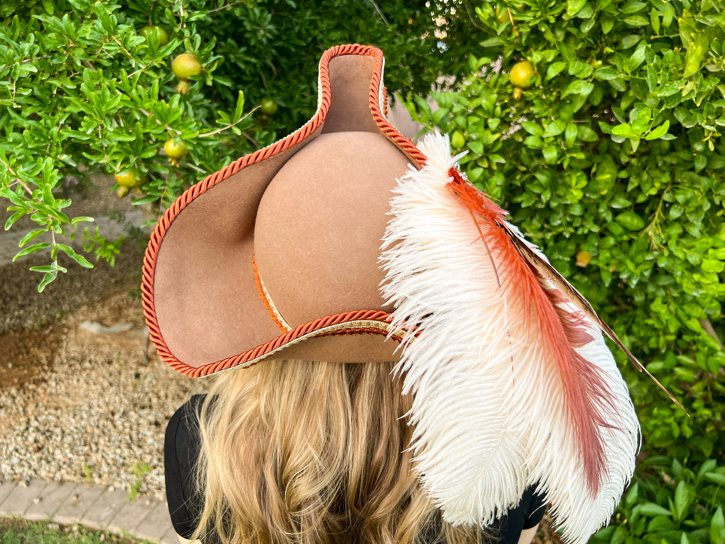 Tricorn Hat 22.5" Brown Wool Base with Fall Trim, Feathers, and Rhinestone Brooch