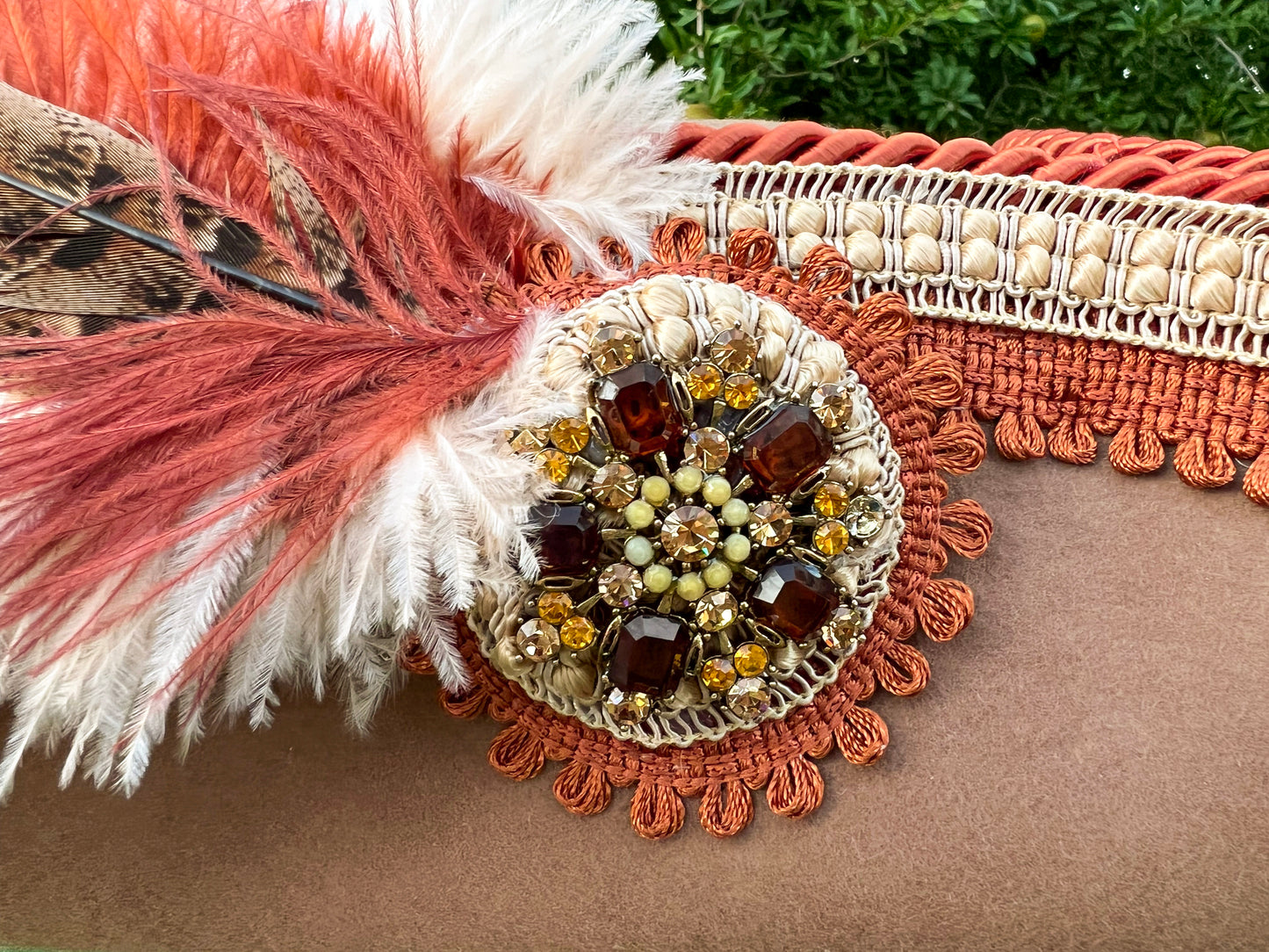 Tricorn Hat 22.5" Brown Wool Base with Fall Trim, Feathers, and Rhinestone Brooch