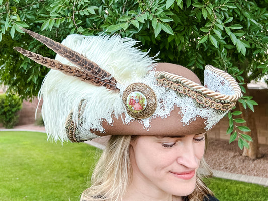 Bicorn Hat 22.5" Tan Wool Base with White/Sage Trim, Feathers, and Colonial Brooch