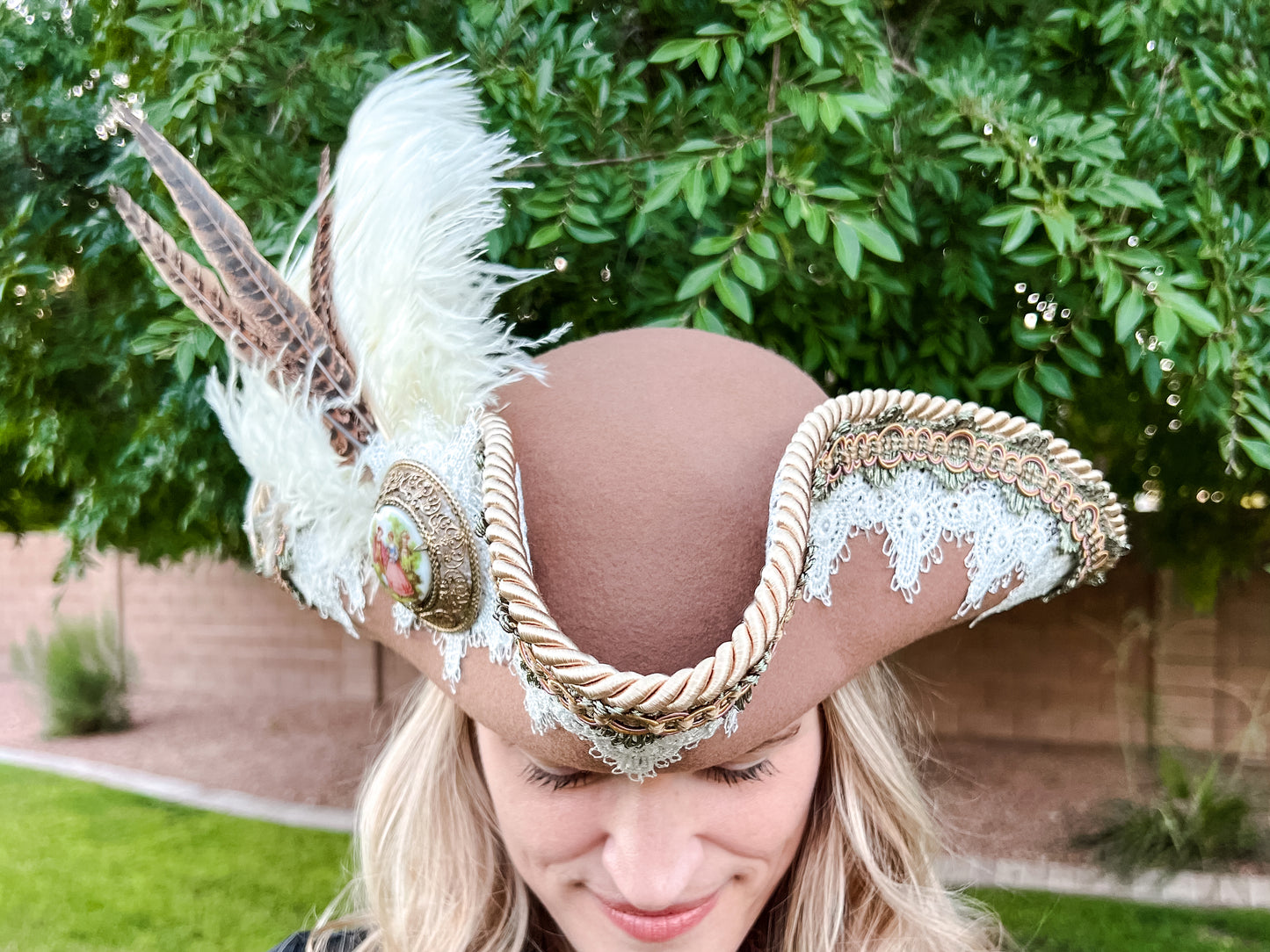 Bicorn Hat 22.5" Tan Wool Base with White/Sage Trim, Feathers, and Colonial Brooch