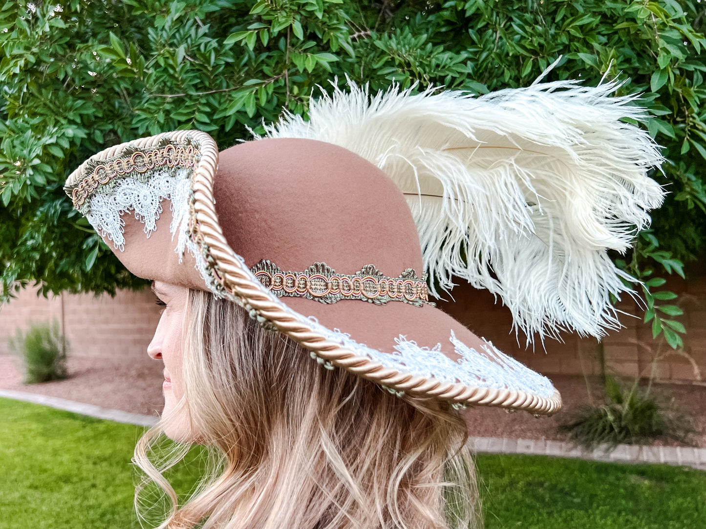 Bicorn Hat 22.5" Tan Wool Base with White/Sage Trim, Feathers, and Colonial Brooch