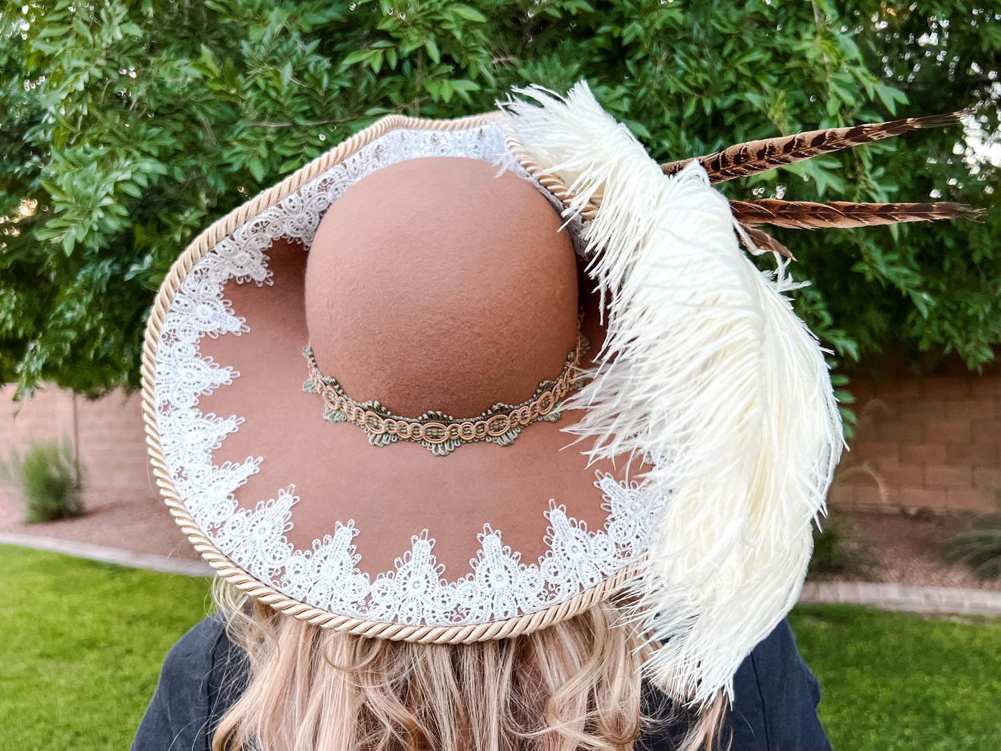 Bicorn Hat 22.5" Tan Wool Base with White/Sage Trim, Feathers, and Colonial Brooch