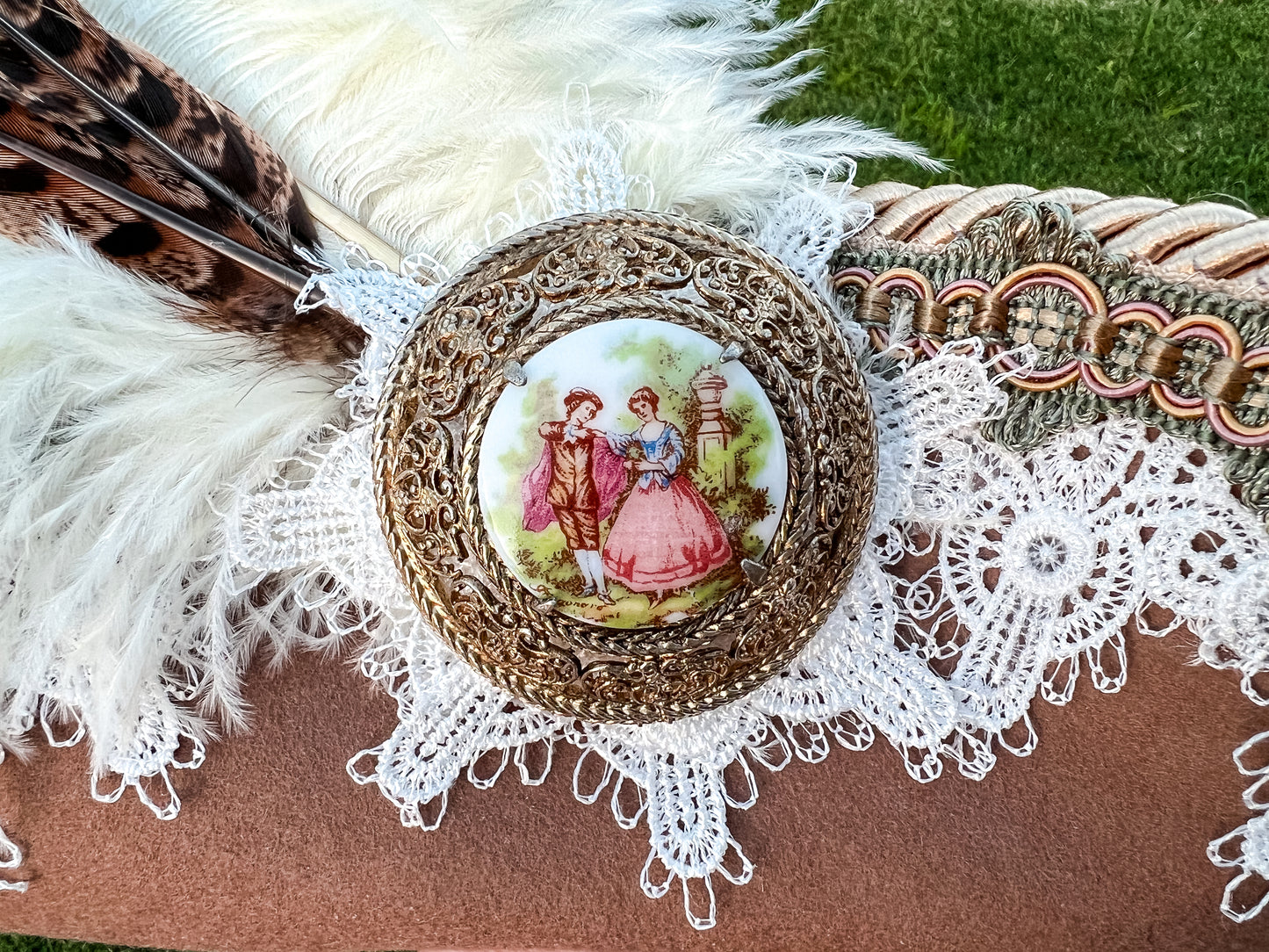 Bicorn Hat 22.5" Tan Wool Base with White/Sage Trim, Feathers, and Colonial Brooch