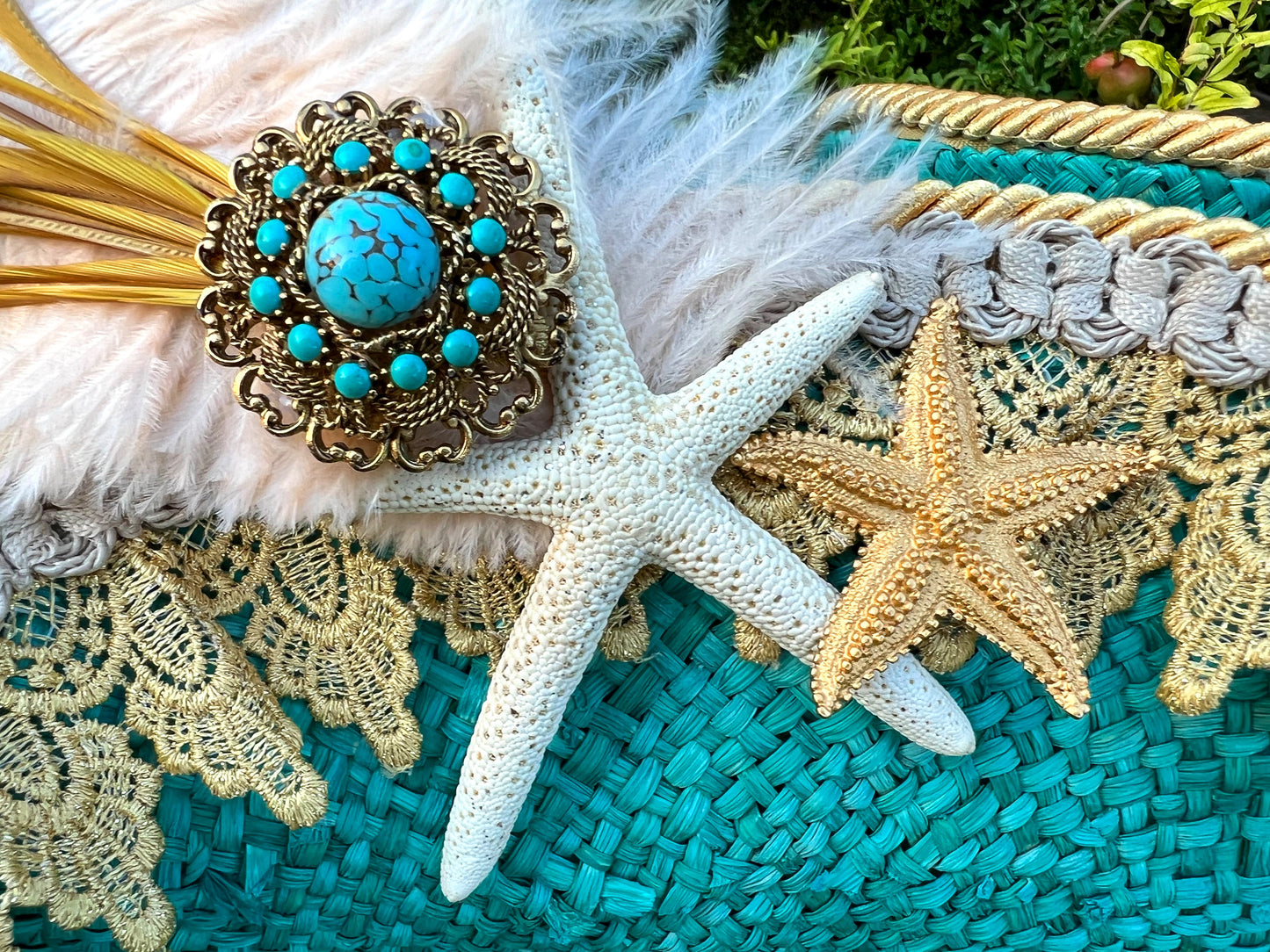 Tricorn Hat 23" Turquoise Straw Base with Gold Trim, Feathers, and Starfish Brooch