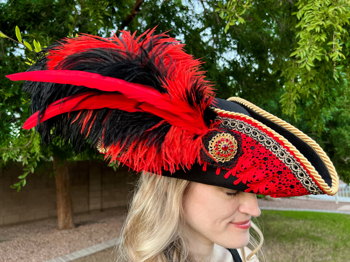 Tricorn Hat 21.75" Black Polyester Base with Red Trim, Feathers, and Gold Brooch