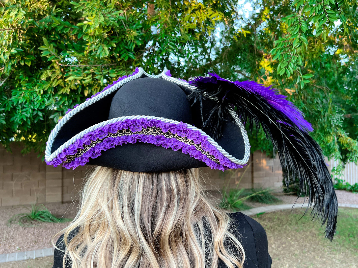 Tricorn Hat 22" Black Polyester Base with Purple Trim, Feathers, and Silver Brooch