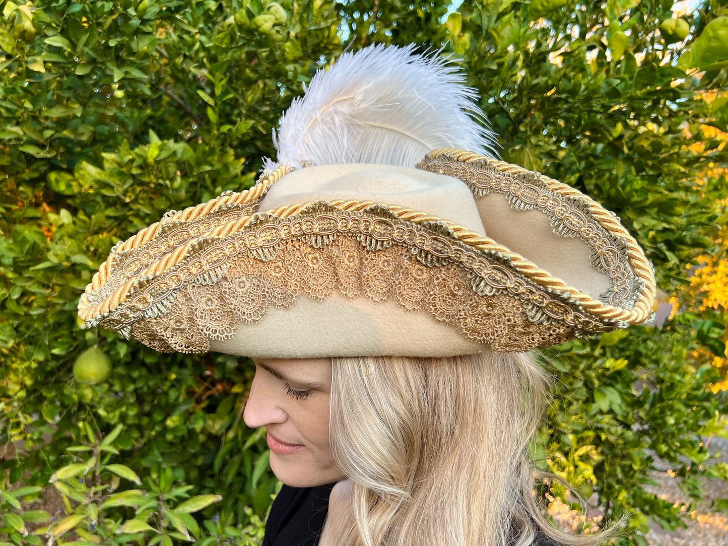 Tricorn Hat 21.75" Beige Wool Base with Sage/Gold Trim, Feathers, and Pearl Brooch