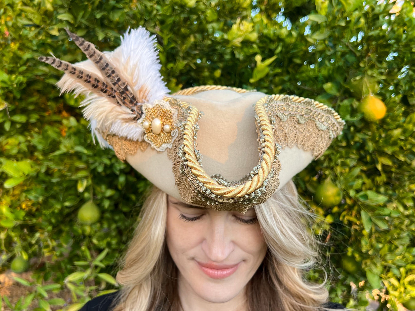 Tricorn Hat 21.75" Beige Wool Base with Sage/Gold Trim, Feathers, and Pearl Brooch