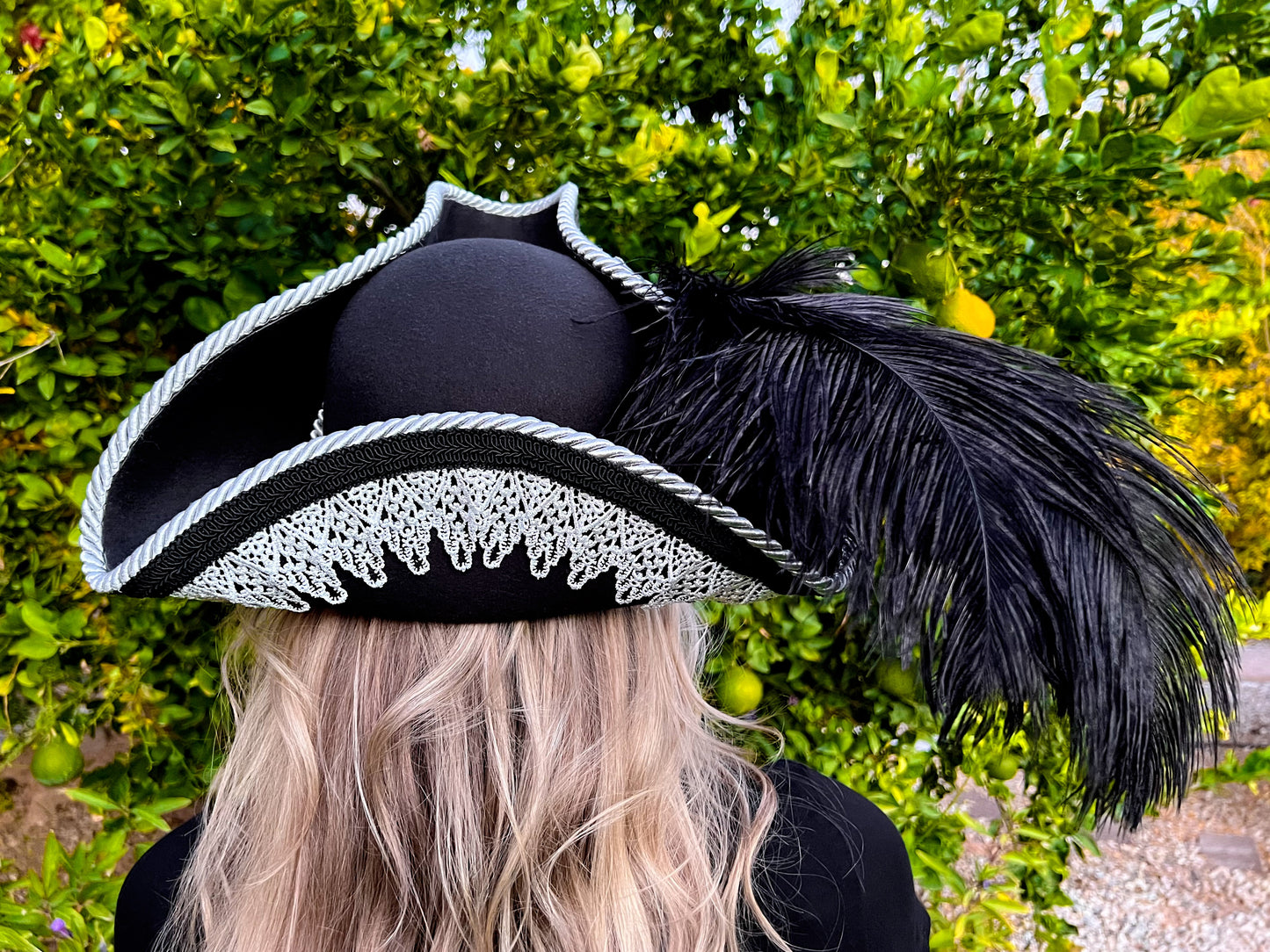 Tricorn Hat 22" Black Polyester Base with Silver Trim, Feathers, and Cabochon Brooch