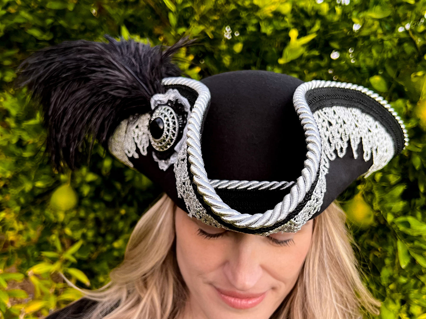 Tricorn Hat 22" Black Polyester Base with Silver Trim, Feathers, and Cabochon Brooch