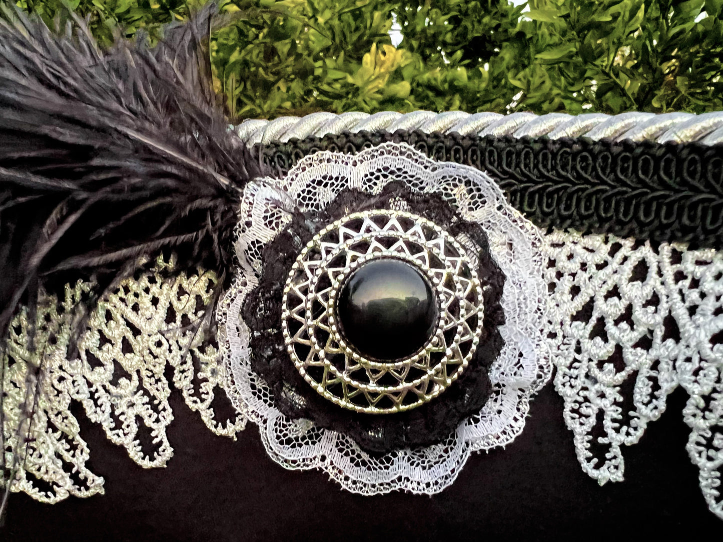 Tricorn Hat 22" Black Polyester Base with Silver Trim, Feathers, and Cabochon Brooch