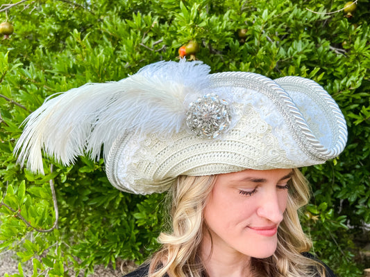 Bicorn Hat 21.75" White Straw Base with Wedding Trim, Feathers, and Brooch
