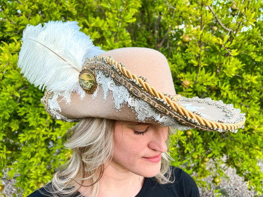 Cavalier Hat 21.75" Tan Wool Base with Sage/White Trim, Feathers, and Brooch