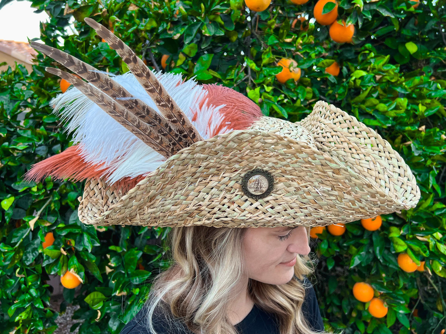 Tricorn Hat 22" Straw Base with Leather Trim, Ostrich, and Pheasant Feathers