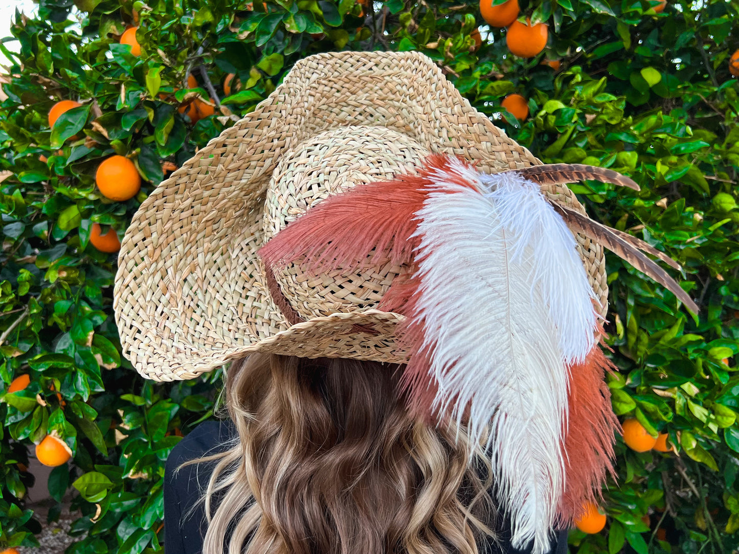 Tricorn Hat 22" Straw Base with Leather Trim, Ostrich, and Pheasant Feathers