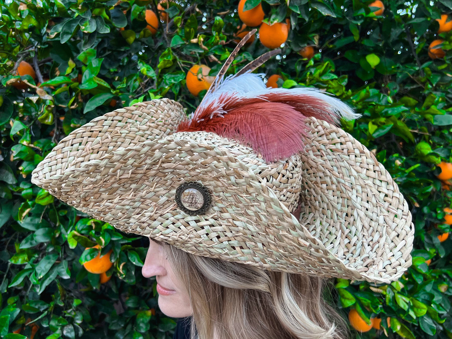 Tricorn Hat 22" Straw Base with Leather Trim, Ostrich, and Pheasant Feathers