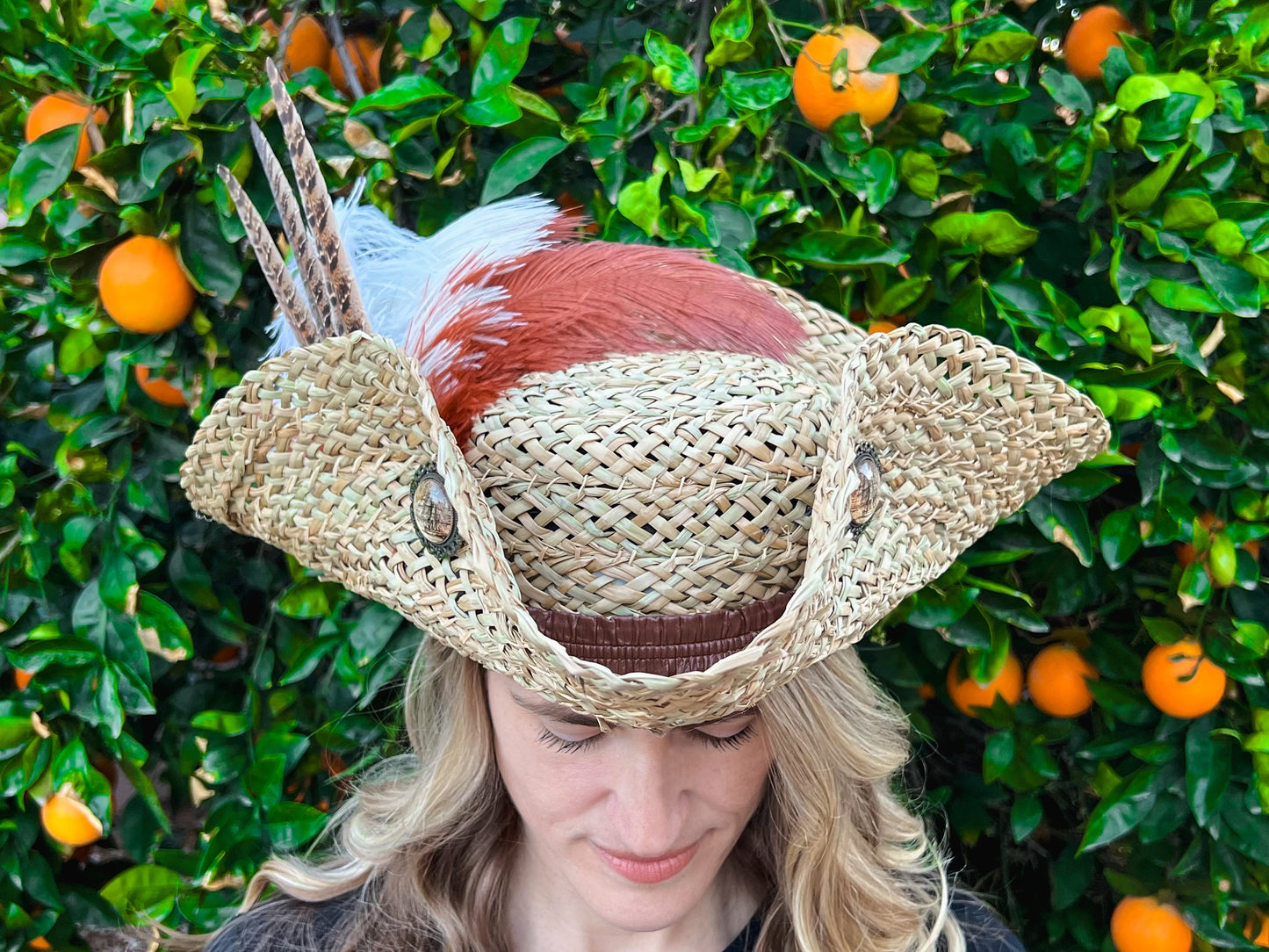 Tricorn Hat 22" Straw Base with Leather Trim, Ostrich, and Pheasant Feathers