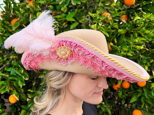 Cavalier Hat 22" Tan Wool Base with Barbie Pink Trim, Feathers, and Gold Brooch