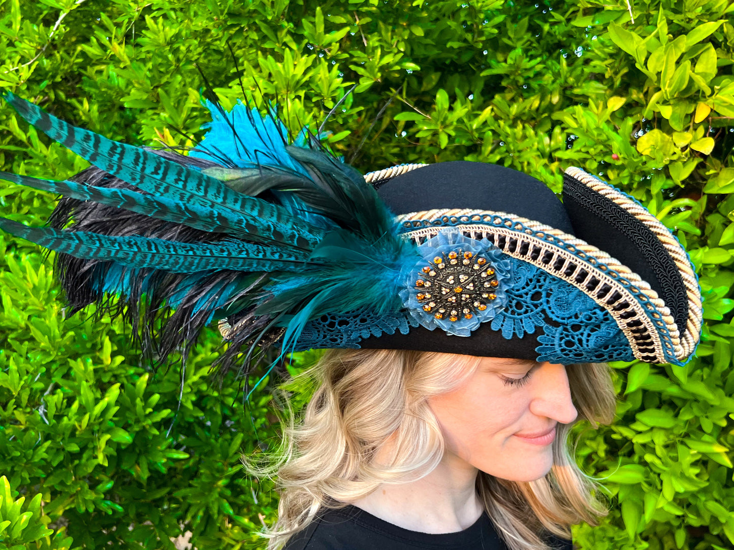 Tricorn Hat 21.75" Black Wool Base with Teal Trim, Feathers, and Rhinestone Brooch
