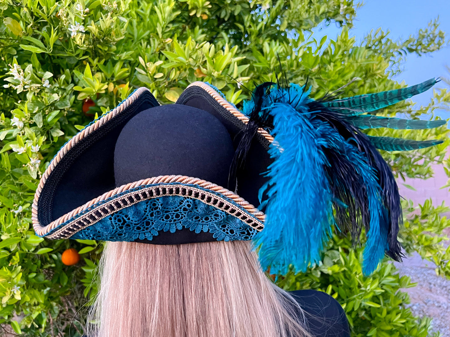 Tricorn Hat 21.75" Black Wool Base with Teal Trim, Feathers, and Rhinestone Brooch