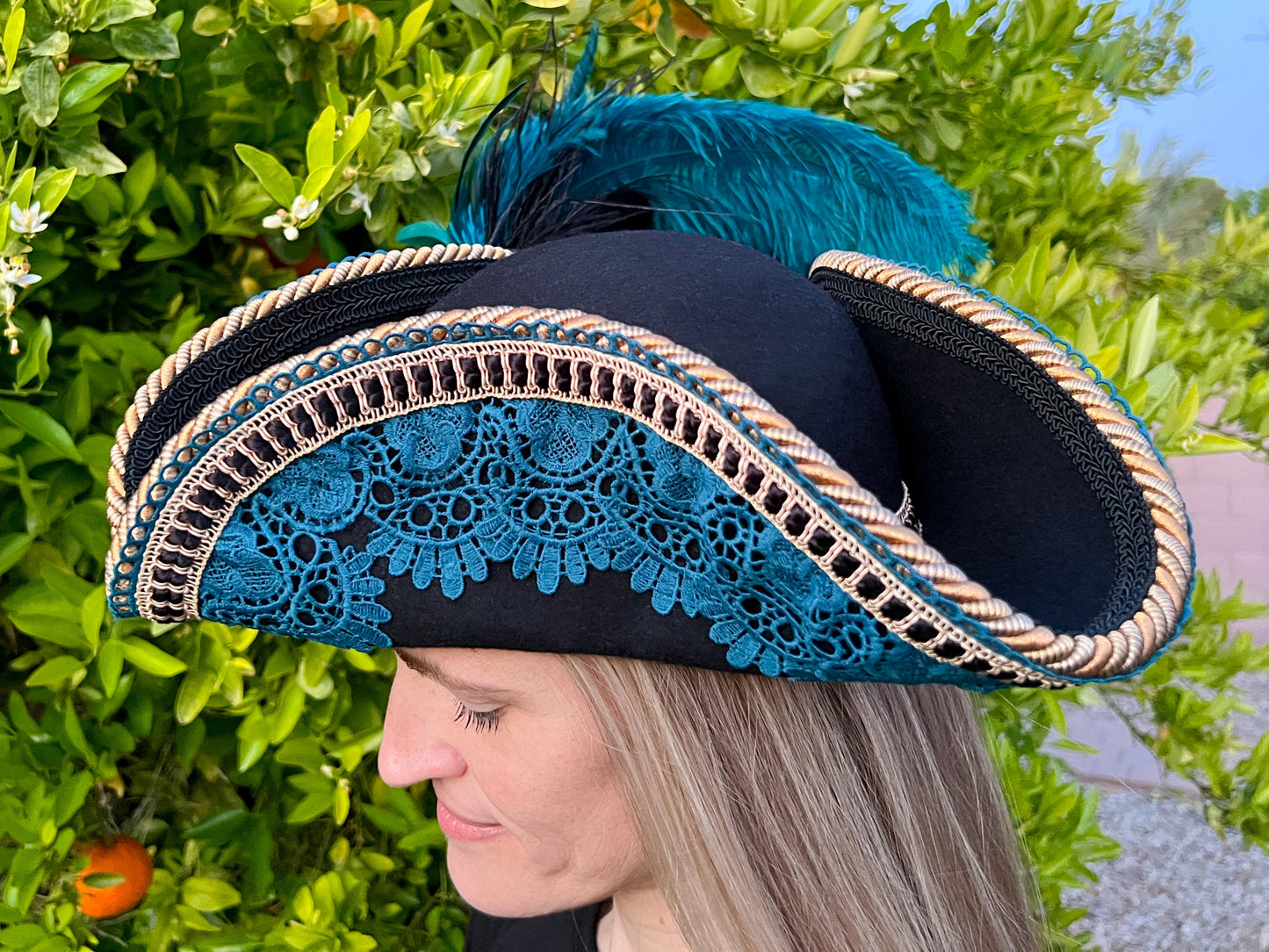 Tricorn Hat 21.75" Black Wool Base with Teal Trim, Feathers, and Rhinestone Brooch
