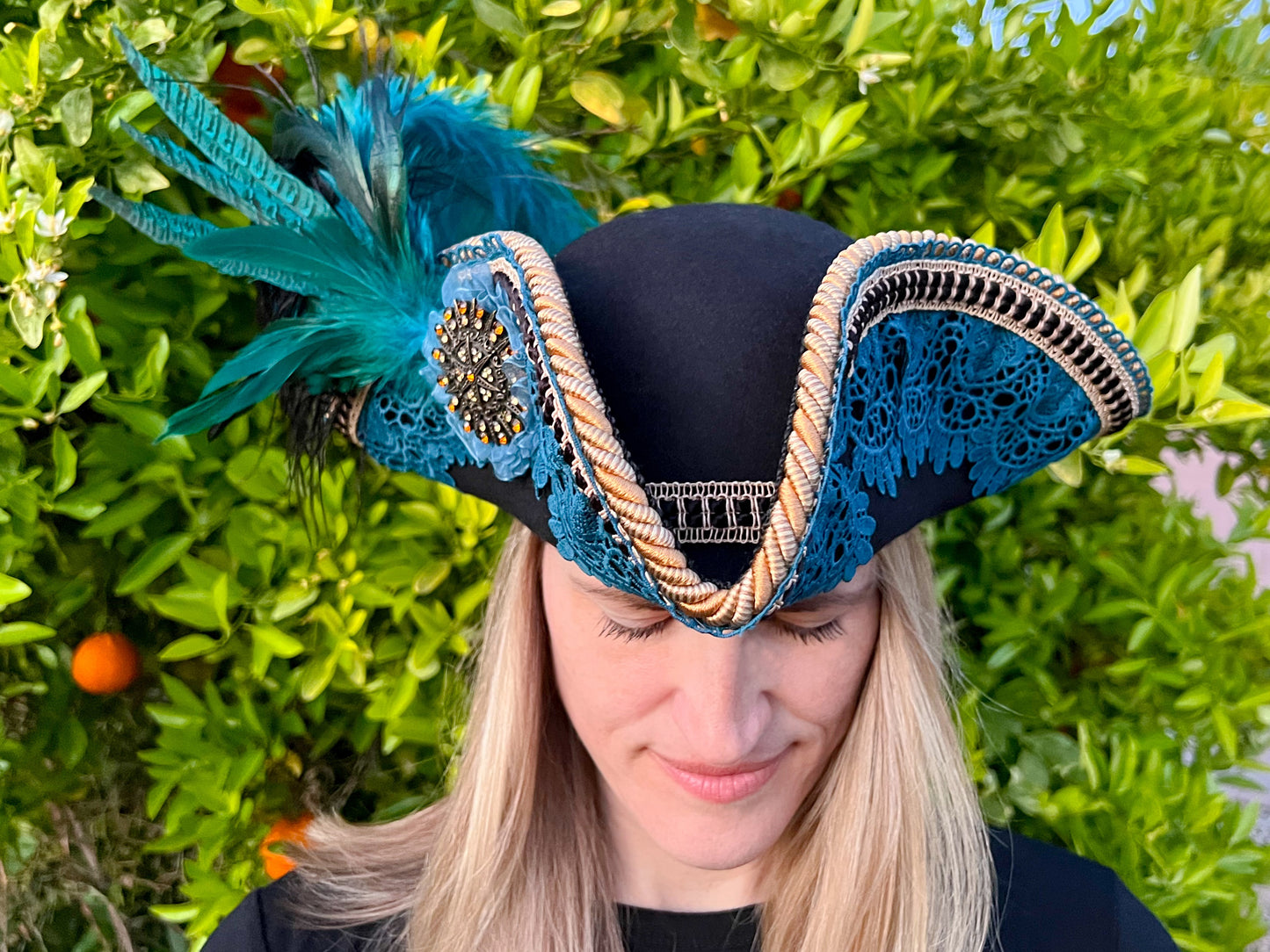 Tricorn Hat 21.75" Black Wool Base with Teal Trim, Feathers, and Rhinestone Brooch