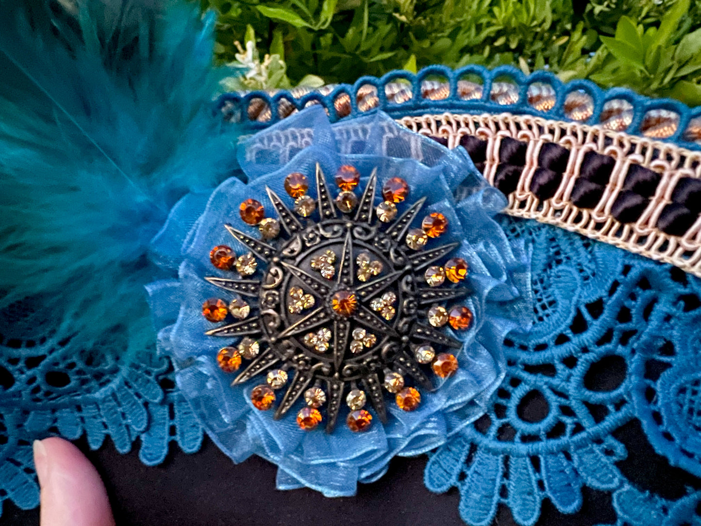 Tricorn Hat 21.75" Black Wool Base with Teal Trim, Feathers, and Rhinestone Brooch