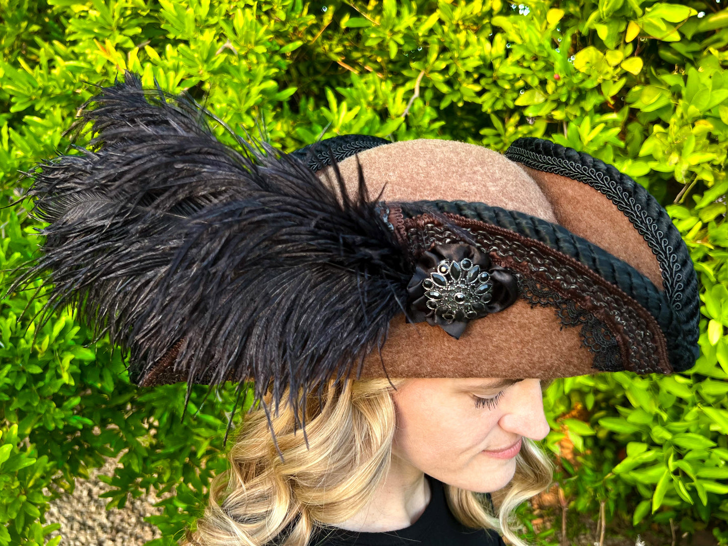 Tricorn Hat 22" Brown Wool Base with Black Trim, Feathers, and Rhinestone Brooch
