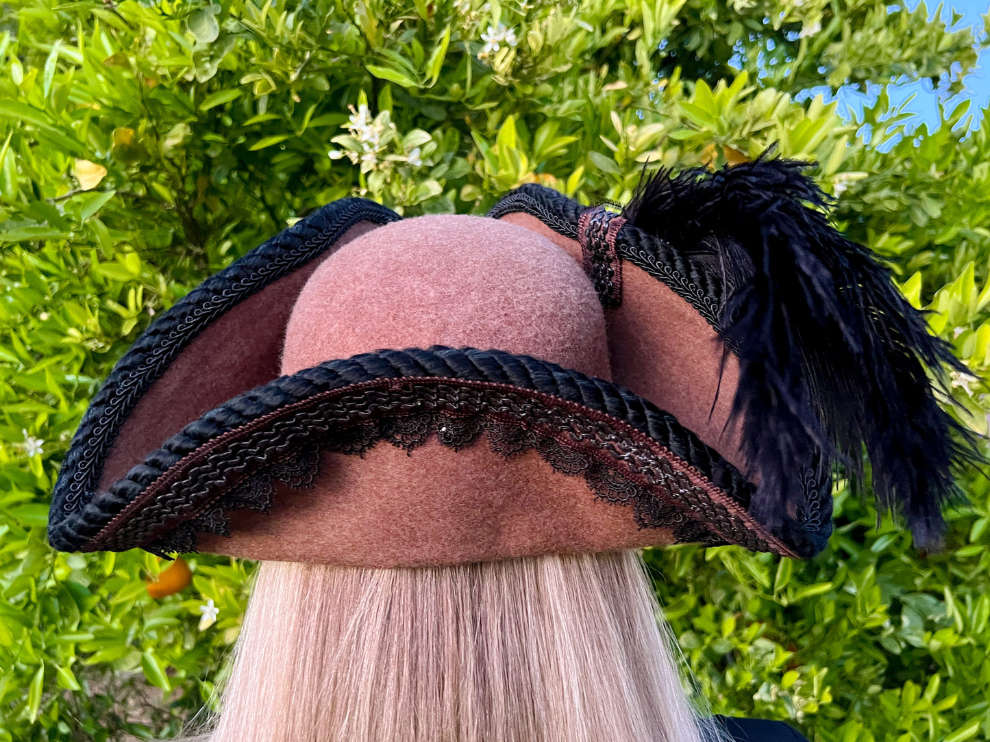 Tricorn Hat 22" Brown Wool Base with Black Trim, Feathers, and Rhinestone Brooch