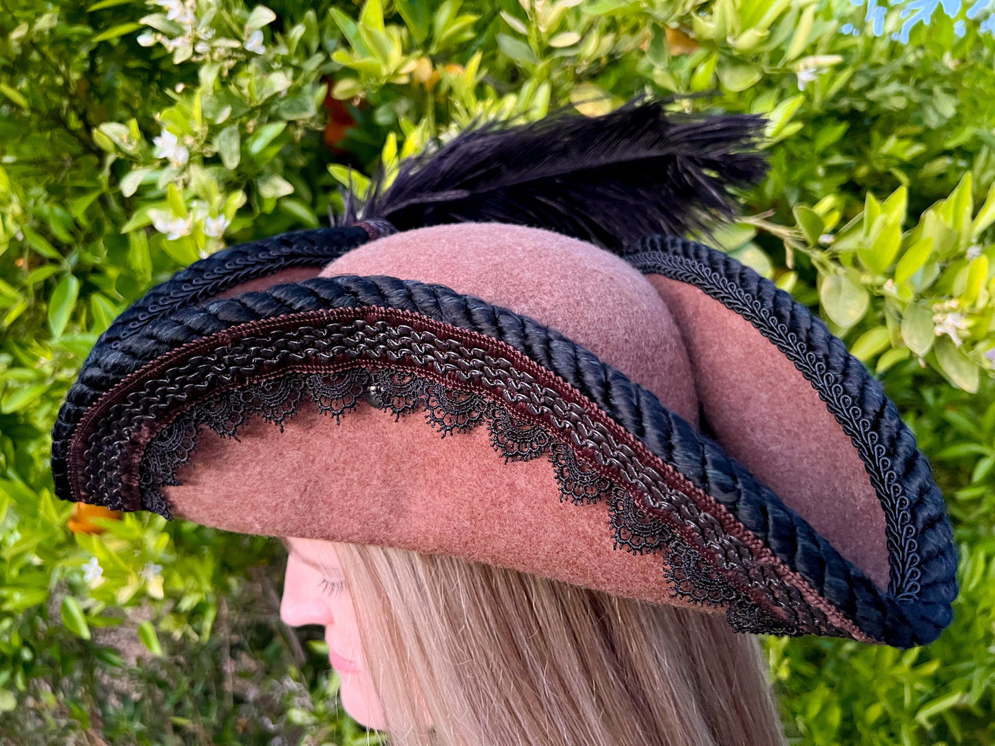 Tricorn Hat 22" Brown Wool Base with Black Trim, Feathers, and Rhinestone Brooch