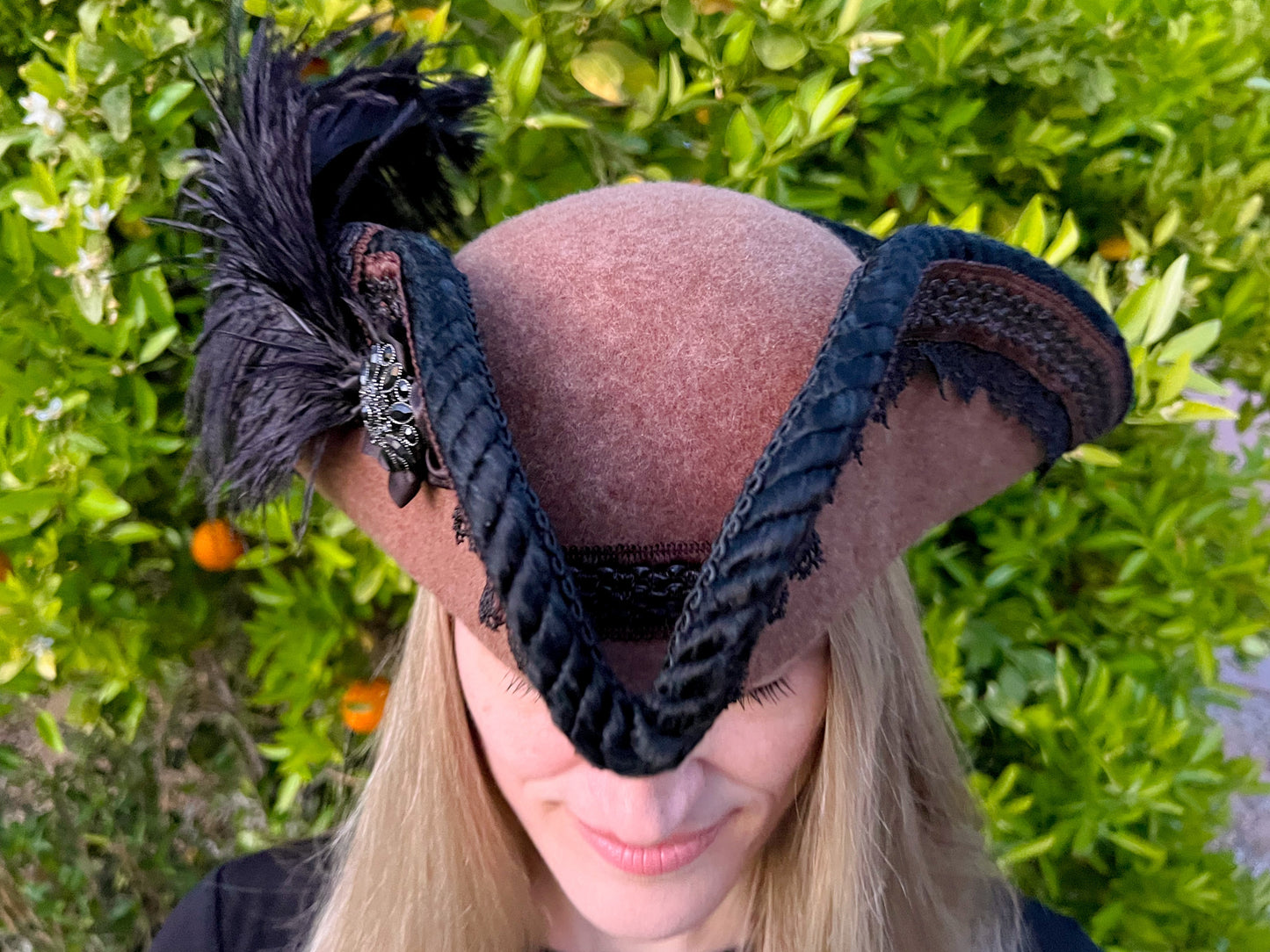 Tricorn Hat 22" Brown Wool Base with Black Trim, Feathers, and Rhinestone Brooch