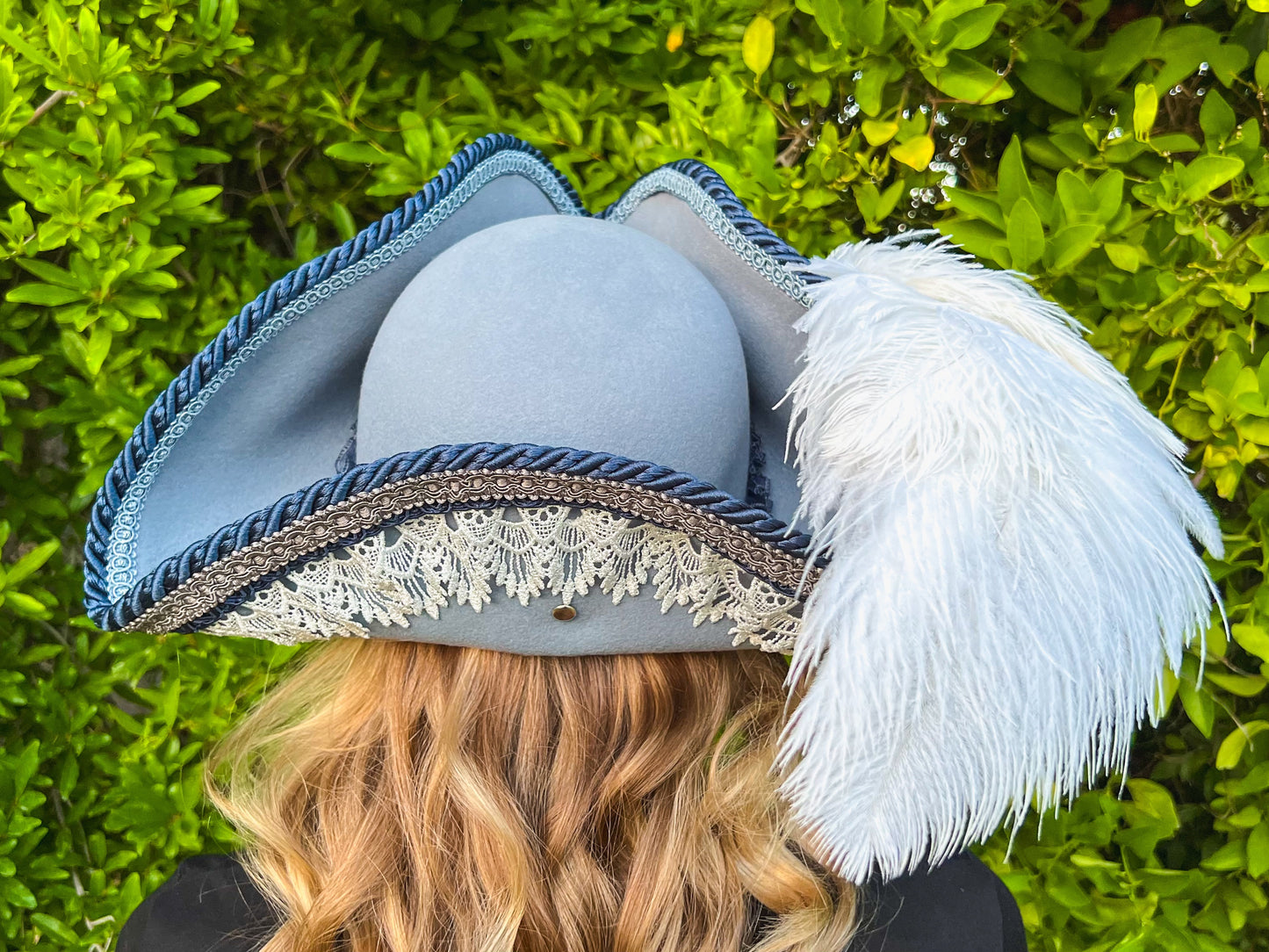 Tricorn Hat 22" Blue Wool Base with Navy/Silver Trim, Feathers, and Vintage Brooch