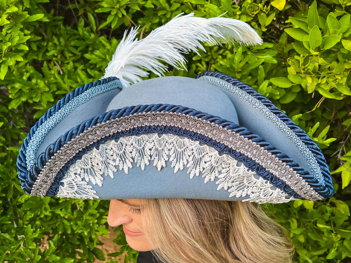 Tricorn Hat 22" Blue Wool Base with Navy/Silver Trim, Feathers, and Vintage Brooch