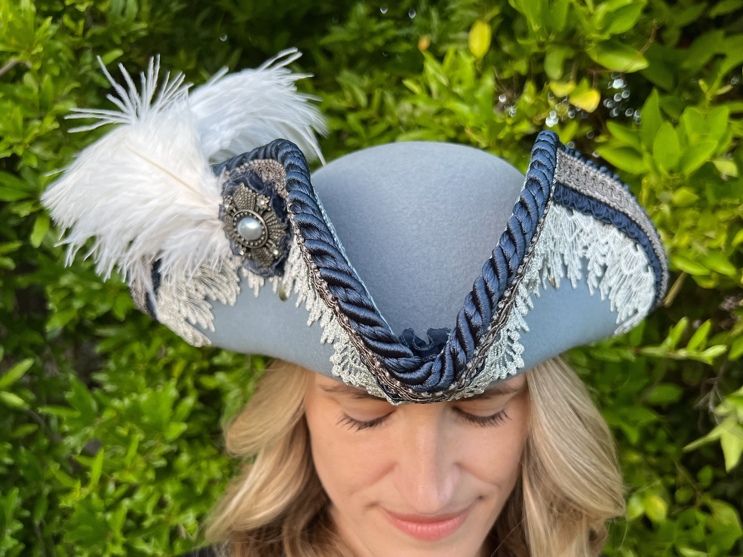 Tricorn Hat 22" Blue Wool Base with Navy/Silver Trim, Feathers, and Vintage Brooch