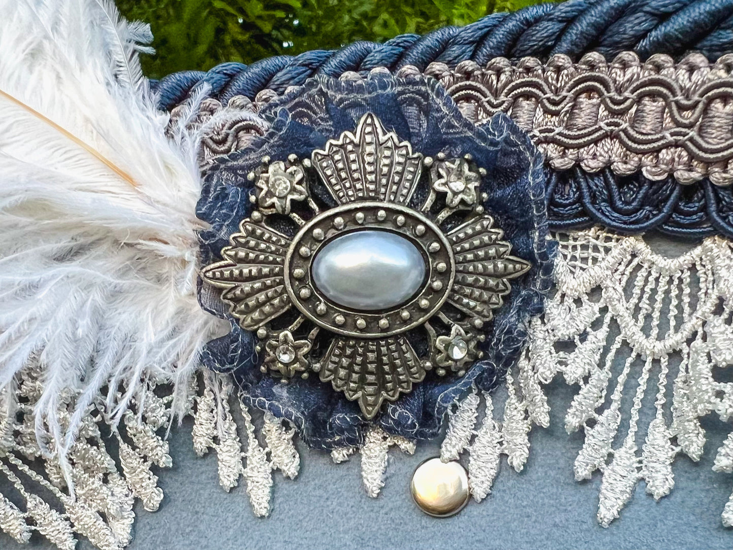 Tricorn Hat 22" Blue Wool Base with Navy/Silver Trim, Feathers, and Vintage Brooch
