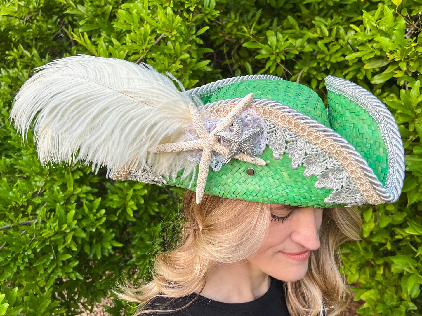 Tricorn Hat 21.75" Green Straw Base with Silver Trim, Feathers, and Starfish Brooch