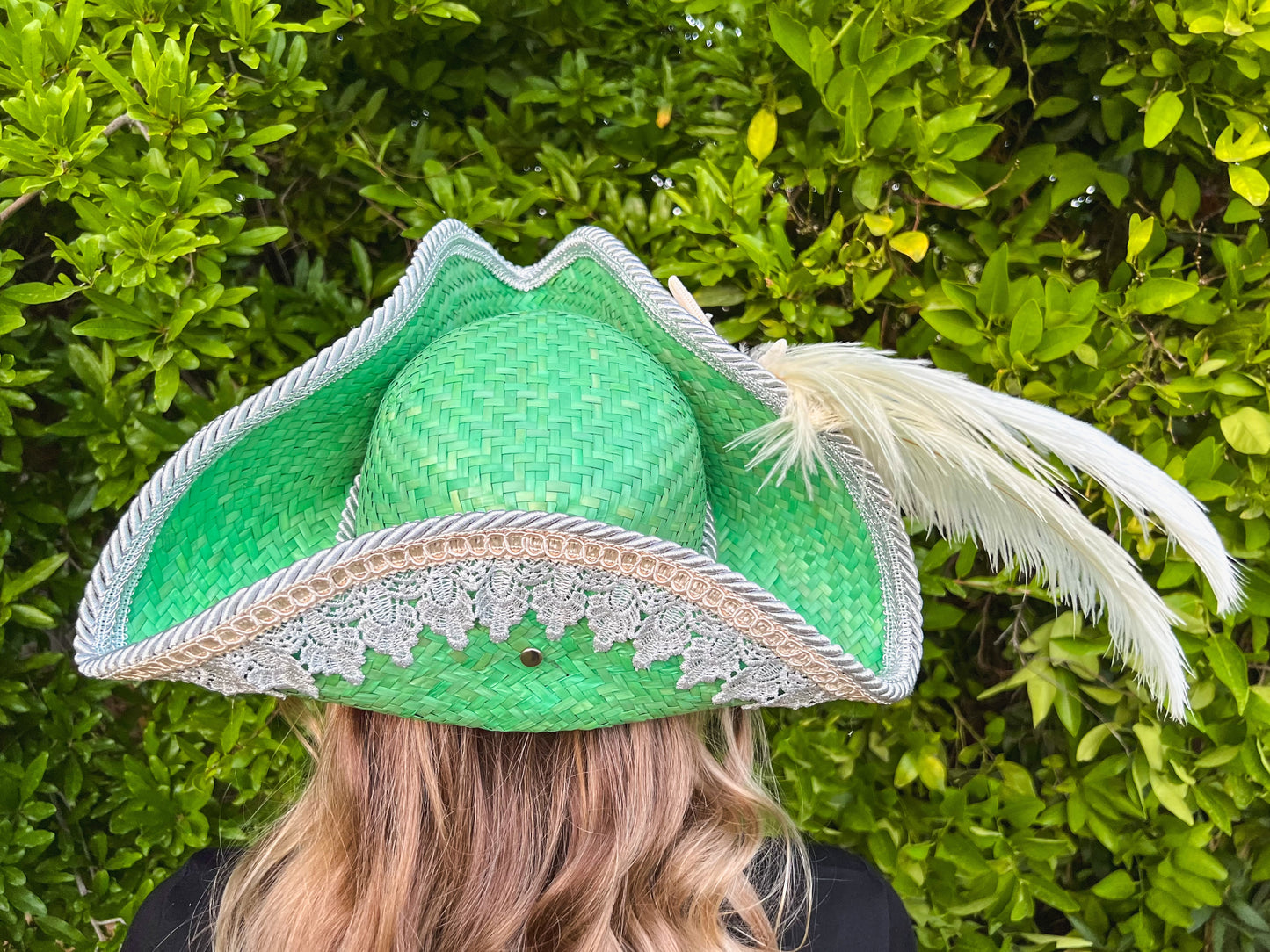 Tricorn Hat 21.75" Green Straw Base with Silver Trim, Feathers, and Starfish Brooch