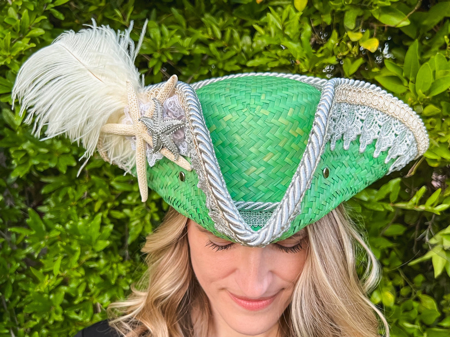 Tricorn Hat 21.75" Green Straw Base with Silver Trim, Feathers, and Starfish Brooch