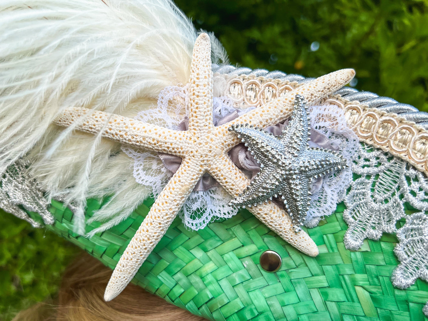 Tricorn Hat 21.75" Green Straw Base with Silver Trim, Feathers, and Starfish Brooch