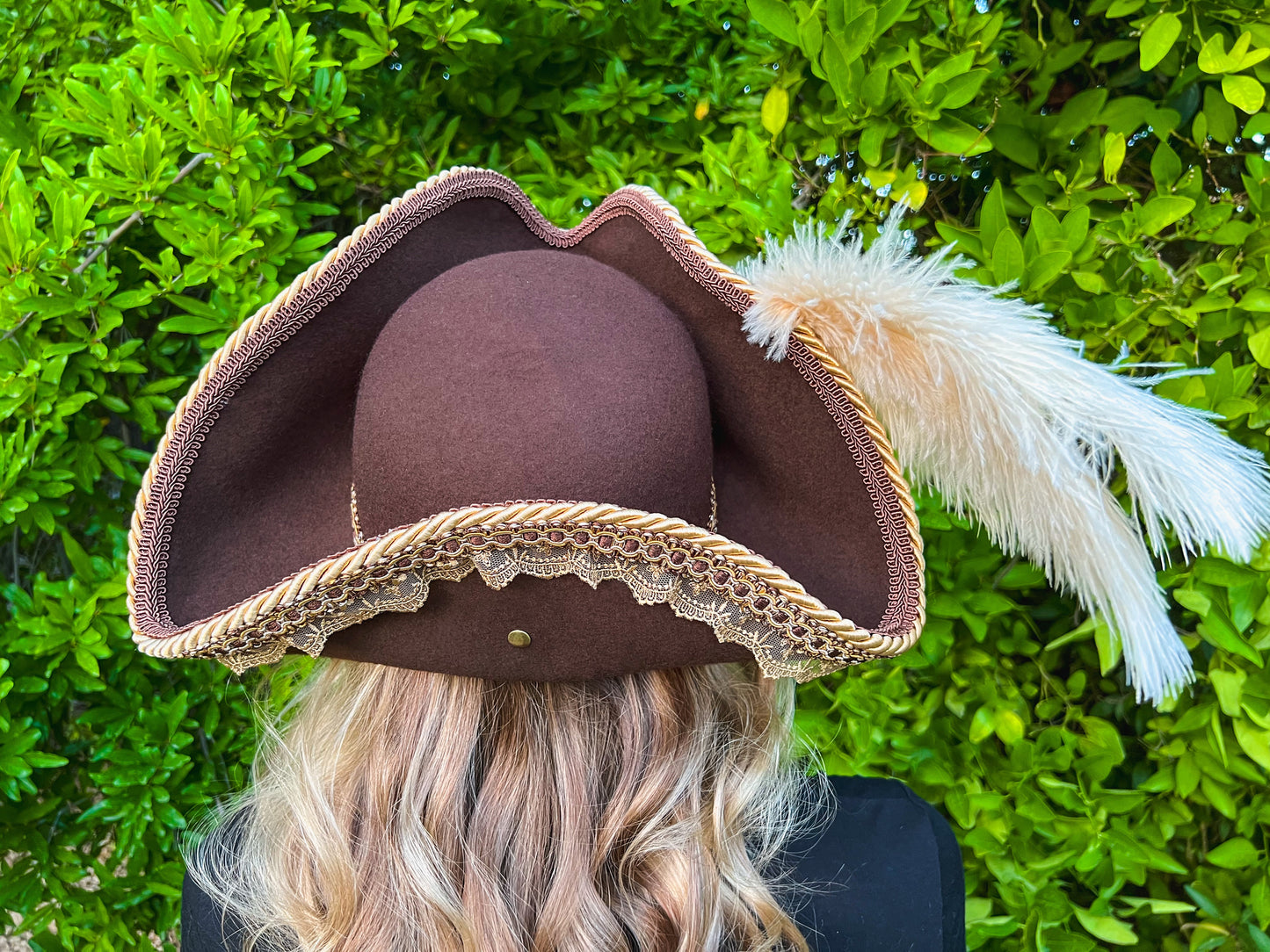 Tricorn Hat 22" Brown Wool Base with Gold Trim, Feathers, and Maltese Cross Brooch