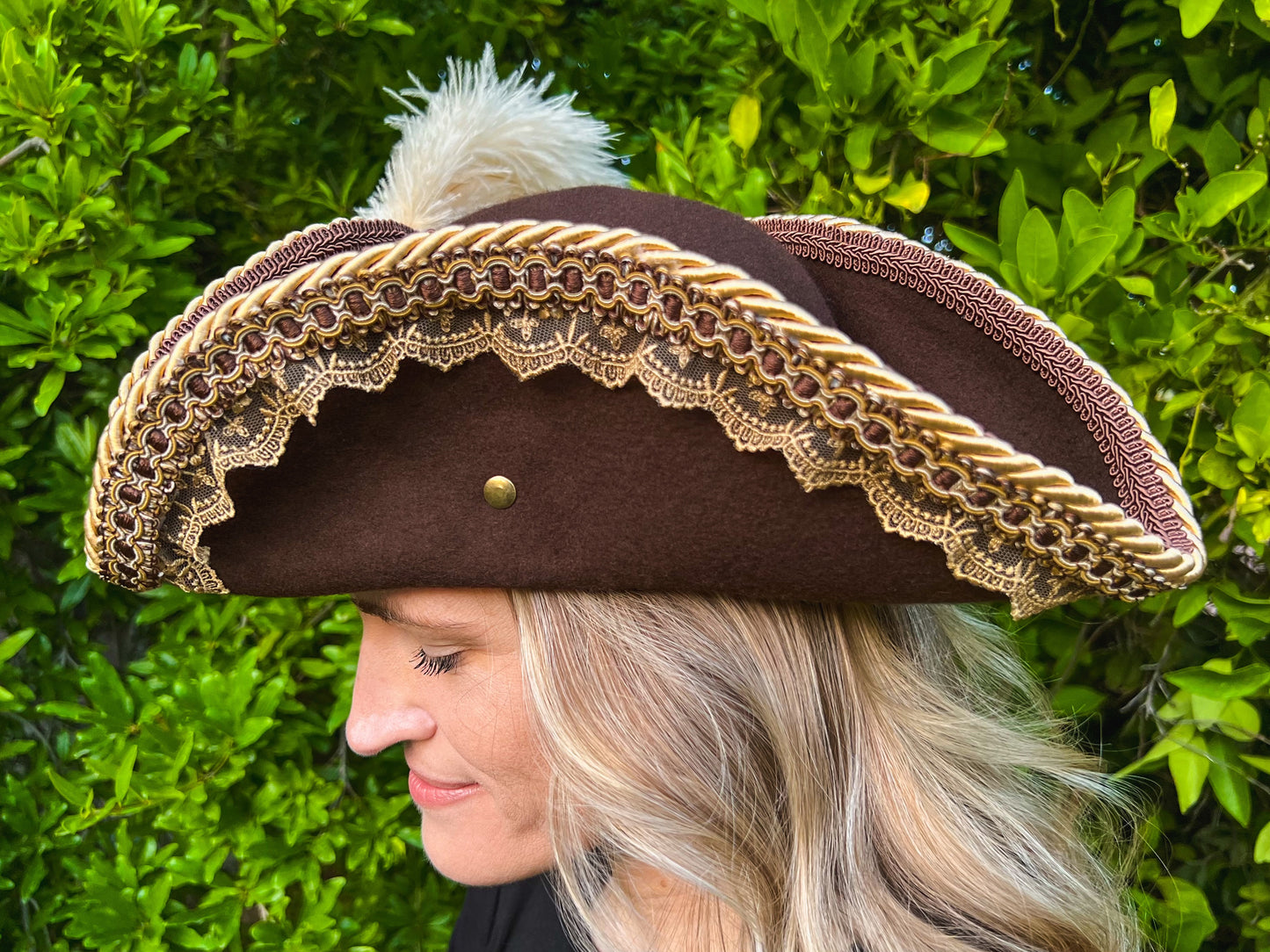 Tricorn Hat 22" Brown Wool Base with Gold Trim, Feathers, and Maltese Cross Brooch