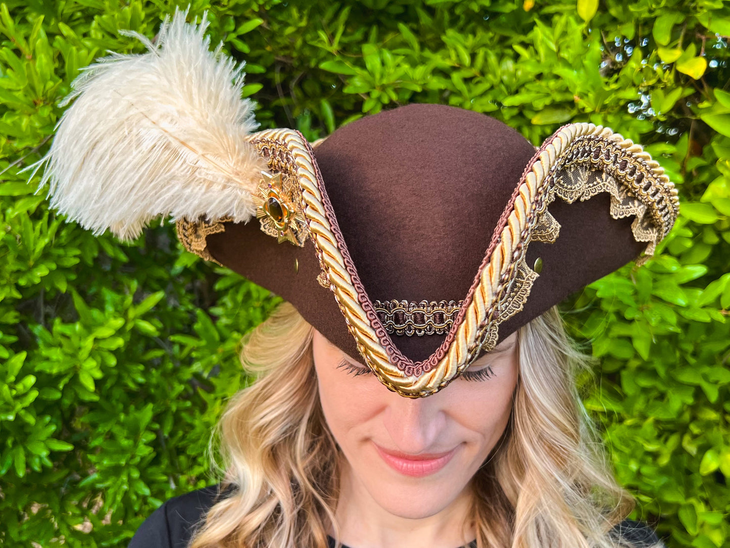 Tricorn Hat 22" Brown Wool Base with Gold Trim, Feathers, and Maltese Cross Brooch